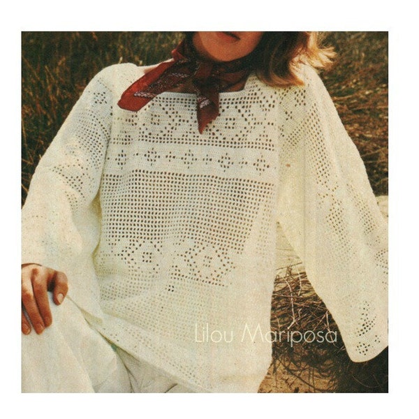 Crochet TOP Pattern Vintage 70s Yoked Filet Crochet Smock Top Bohemian Clothing