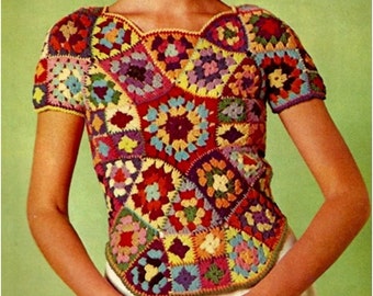Crochet TOP Pattern Vintage 70s Crochet Granny Square Top Pattern Crochet Sweater Crochet Pullover Crochet Motif Crochet Granny Top