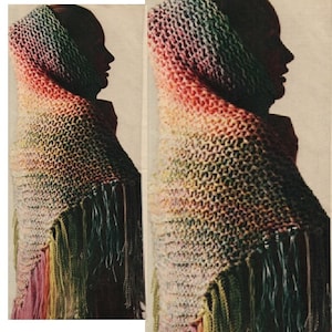 May include: A rainbow colored crocheted shawl with fringe. The shawl is made with a variety of colors, including pink, orange, yellow, green, blue, and purple.