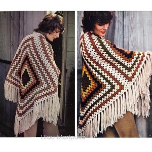 Crochet Poncho Pattern Vintage 70s Crochet Shawl Pattern Crochet Wrap Pattern Granny Square Poncho Crochet Blanket Fringe Wrap