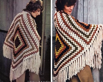 Crochet Poncho Pattern Vintage 70s Crochet Shawl Pattern Crochet Wrap Pattern Granny Square Poncho Crochet Blanket Fringe Wrap