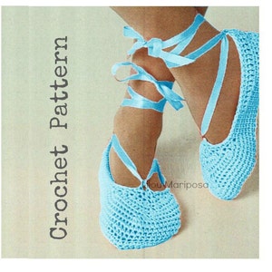 May include: Crochet pattern for blue ballet slippers with light blue satin ribbon ties. The pattern is titled "Crochet Pattern".