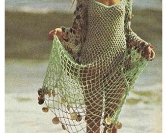 Crochet Pattern Vintage 70s Crochet Dress Pattern Beach Swimwear Goddess Dress Bikini Cover-Up-Bohemian Clothing-INSTANT DOWNLOAD