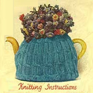 May include: A teal knitted tea cozy with a floral arrangement on top. The teapot has a yellow handle and spout. The words "Knitting Instructions" are written in red script at the bottom of the image.