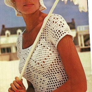 Crochet Pattern Vintage 70s Filet Crochet Blouse and Hat Set-Crochet Lot-Bohemian Clothing-Retro Crochet Top- Digital Pattern Vtg DIY image 4