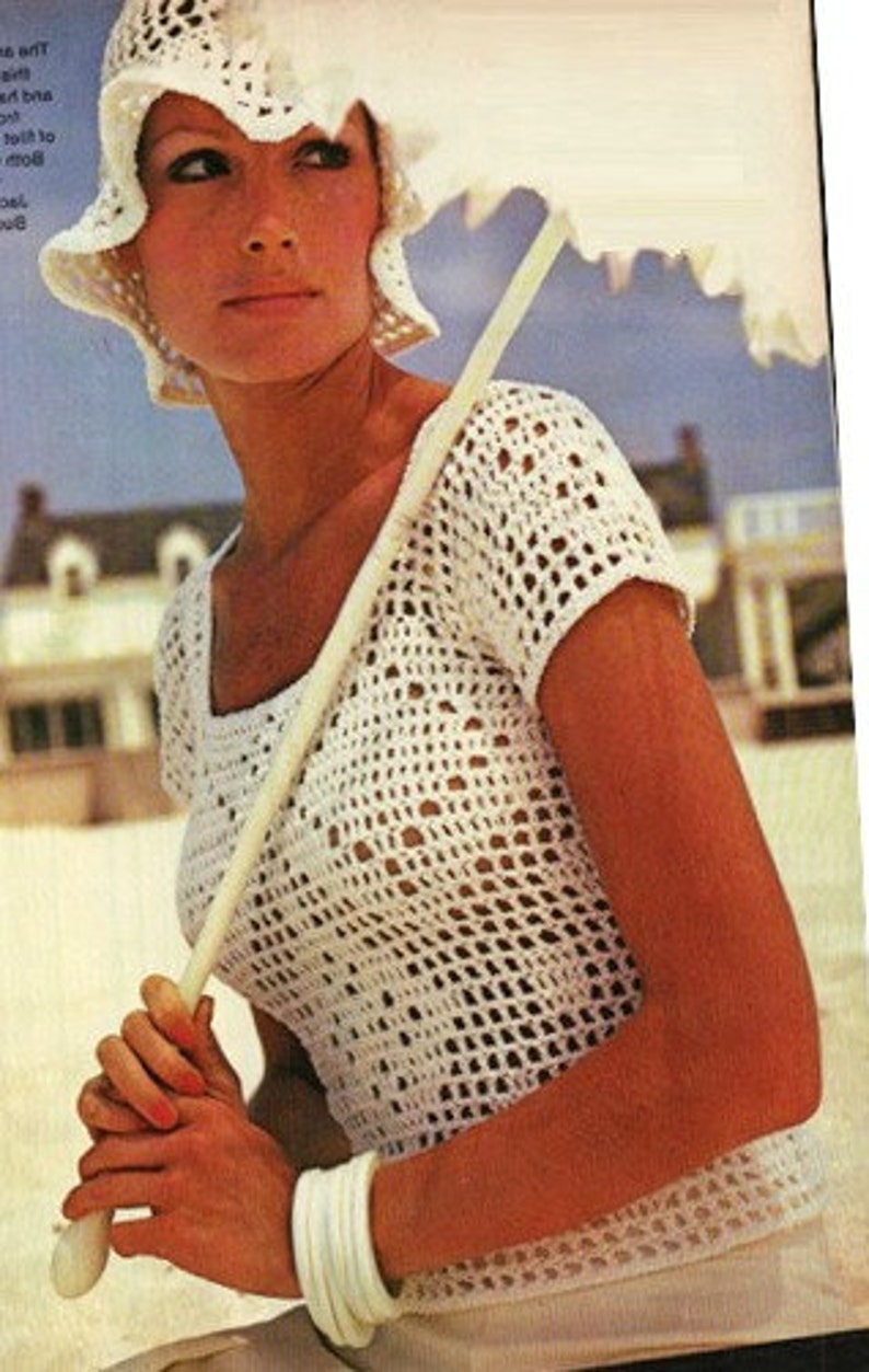 Crochet Pattern Vintage 70s Filet Crochet Blouse and Hat Set-Crochet Lot-Bohemian Clothing-Retro Crochet Top- Digital Pattern Vtg DIY image 4