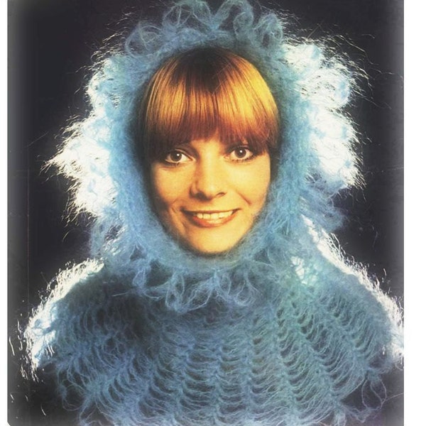 Crochet Mohair HAT Pattern Vintage 70s Crochet Scarf Pattern Crochet Hooded Cowl Neck Warmer Pattern Crochet Hoodie Pattern