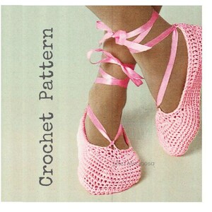 May include: Pink crocheted ballet slippers with pink satin ribbon ties. Crochet pattern.