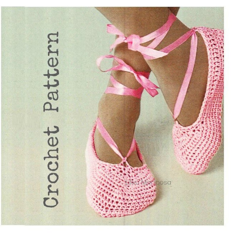 May include: Pink crocheted ballet slippers with pink satin ribbon ties. Crochet pattern.