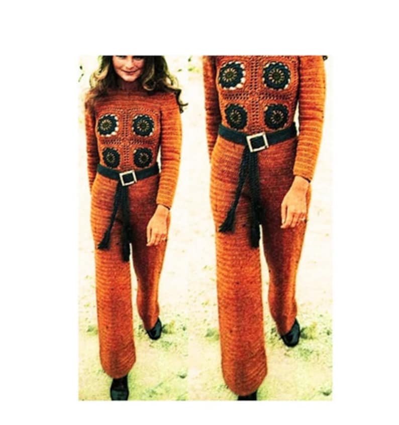 May include: A crocheted jumpsuit in a burnt orange color with a black belt and fringe. The jumpsuit features a geometric pattern with circular motifs.