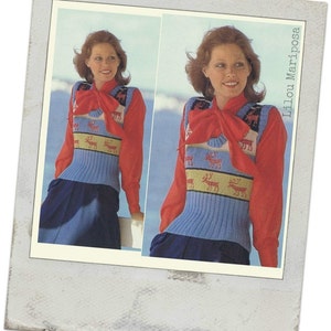 May include: A woman is wearing a blue and white knitted vest with a red reindeer pattern. She is also wearing a red blouse with a bow tie and a blue skirt. The image is from a vintage knitting pattern.