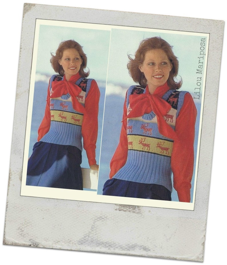 May include: A woman is wearing a blue and white knitted vest with a red reindeer pattern. She is also wearing a red blouse with a bow tie and a blue skirt. The image is from a vintage knitting pattern.