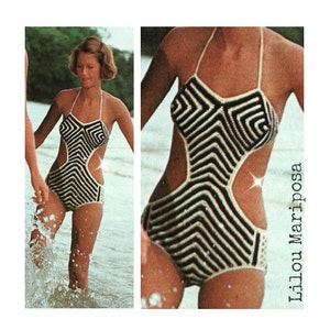 May include: A black and white striped crochet swimsuit with cutouts. The swimsuit has a halter top and a high-cut leg.