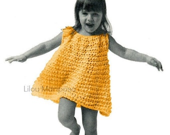 May include: A young girl wearing a yellow crochet dress, smiling and twirling. The dress has a simple, sleeveless design and a slightly flared skirt.