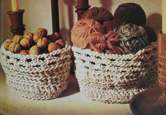 CROCHET BASKET PATTERNS Crochet Storage Pattern Vintage 70s Bohemian Boho Crochet Home Storage Basket Decor Instant Download