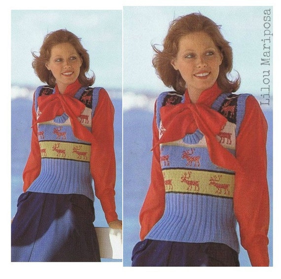 Boho Knitting TOP Pattern Vintage 70s Crochet Vest Pattern Reindeer Top Pattern-Sweater Pattern Bohemian Clothing-INSTANT DWNLOAD