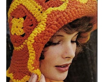 CROCHET HAT PATTERN Crochet Pattern Vintage 70s Crochet Granny Square Summer Hat Pattern Beach Hat Pattern