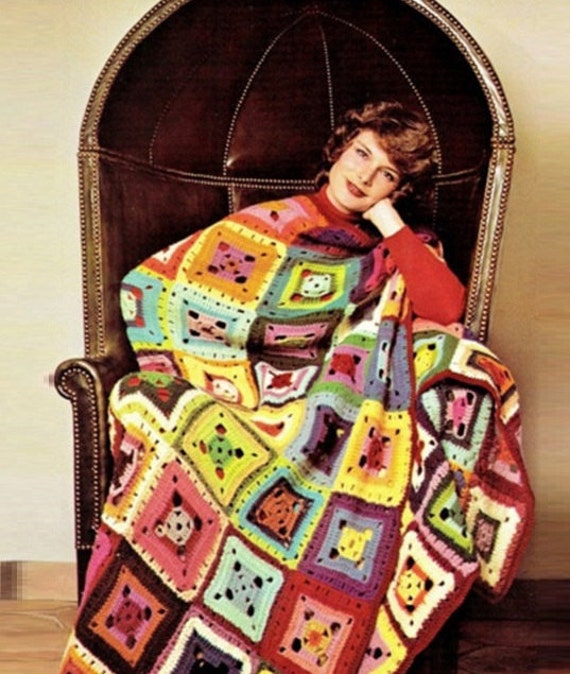 その他 USA Vintage Granny Blanket Granny Square Lap Blanket 28” X 56” Colorful Vintage Quilt