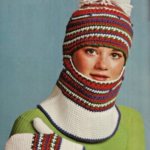 Crochet Pattern Vintage 70s Crochet Ski Hood Hat Crochet Mittens Crochet Cowl Scarf Crochet Neck Warmer Crochet Peruvian Hat Pattern Ski Hat