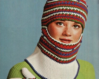 Crochet Pattern Vintage 70s Crochet Ski Hood Hat Crochet Mittens Crochet Cowl Scarf Crochet Neck Warmer Crochet Peruvian Hat Pattern Ski Hat