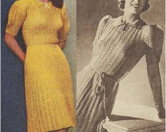 Knitting Dress Pattern Vintage 40s Knitted Frock Dress Pattern Bohemian Clothing-INSTANT DOWNLOAD