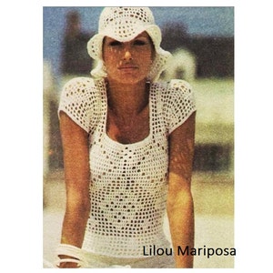 Crochet Pattern Vintage 70s Filet Crochet Blouse and Hat Set-Crochet Lot-Bohemian Clothing-Retro Crochet Top- Digital Pattern Vtg DIY image 1