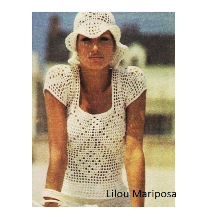 Crochet Pattern Vintage 70s Filet Crochet Blouse and Hat Set-Crochet Lot-Bohemian Clothing-Retro Crochet Top- Digital Pattern Vtg DIY image 1