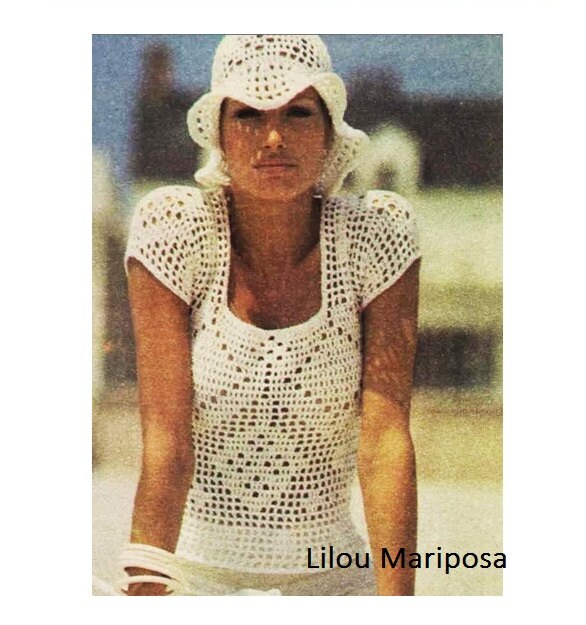 40 Crochet Blouse Patterns with Lace, Wraps, and Granny Squares 31 Crochet Pattern Vintage 70s Filet Crochet Blouse and Hat