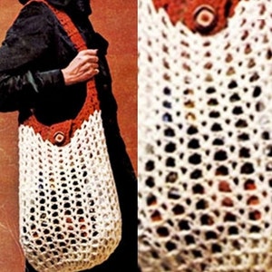 May include: A white crocheted tote bag with a red crocheted top and a brown button. The bag has a wide, open top and a long strap.