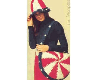 Crochet Pattern Vintage -Americana Hat and Big Bag -Mesh Purse-Handbag Beach Bag- Carrybag- pdf file-Digital Pattern Vtg DIY