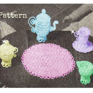 May include: A crochet tea set with a light blue teapot, a light green teacup, a light purple teacup, a light yellow sugar bowl, and a pink crochet doily.