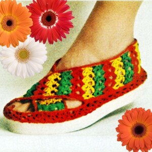 May include: Crocheted sandals in red, green, and yellow with a white sole. The sandals are open-toed and have a criss-cross pattern.