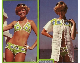 Crochet BIKINI Pattern Vintage 70s Sexy Granny Square Bikini and Cover Up Top Swimsuit Pattern