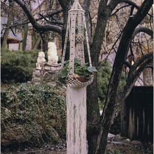 Puede incluir: Un macetero de macramé blanco con flecos en la parte inferior cuelga de una rama de árbol. El macetero tiene dos niveles y sostiene una planta en maceta con hojas verdes.