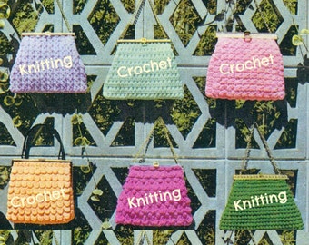 May include: Six crocheted and knitted purses in various colors, including lavender, green, pink, orange, and green. The purses are hanging on a chain link fence. The purses are labeled with the words "Knitting" and "Crochet".
