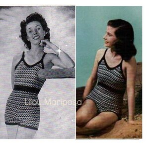 May include: A vintage black and white striped swimsuit with a scoop neck and a wide strap. The swimsuit has a black band at the waist and a high leg cut.