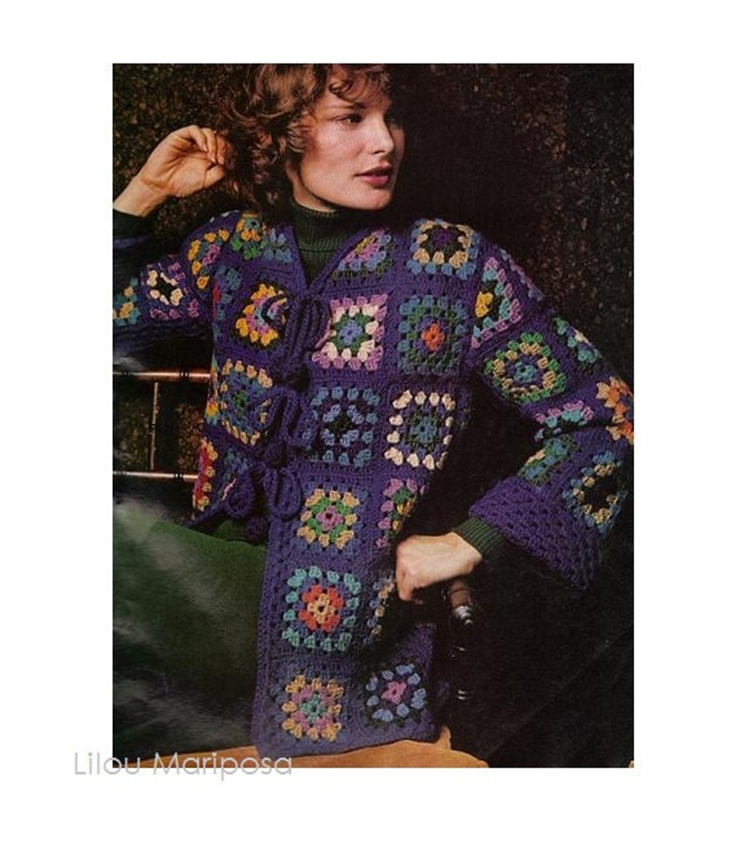 Crochet CARDIGAN Pattern Vintage 70s Granny Square Sweater - Etsy