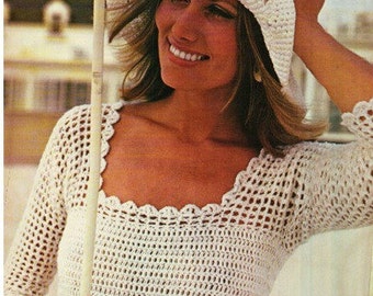 Crochet Pattern Vintage 70s Boho Lacy White Blouse Top Blouse-Bohemian Clothing Retro-Crochet Top Pattern-pdf file- Vtg DIY