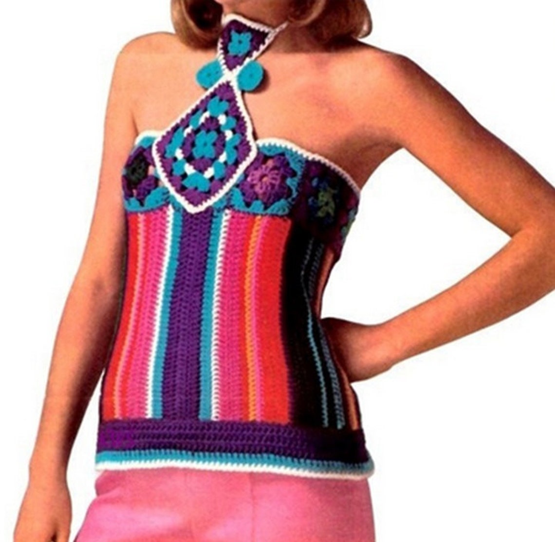Crochet Pattern Vintage 70s Crochet Top Pattern Granny Squares Halter