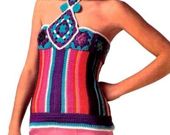 Crochet Pattern Vintage 70s Crochet Top Pattern Granny Squares Halter Top-Bohemian Clothing- INSTANT DOWNLOAD