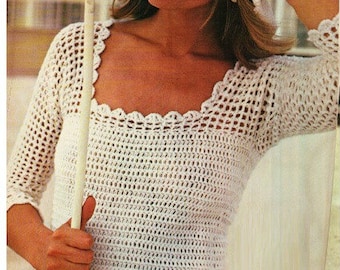 Crochet Top Pattern Vintage 70s Boho Lacy White Blouse Top Blouse Pattern Crochet Blouse Pattern