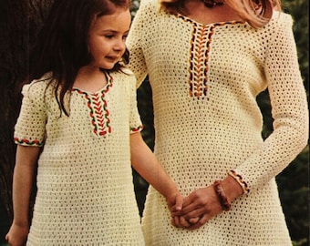 Crochet Dress Pattern Vintage 70s -Mother and Daughter Mod Dresses-2 Patterns Retro Hippie Boho Dress-Bohemian Clothing-INSTANT DOWNLOAD