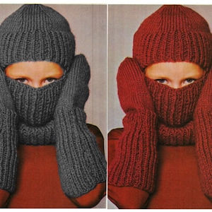 May include: Two knitted sets, one in gray and one in red, each includes a hat, scarf, and mittens. The sets are made of a thick, ribbed yarn.