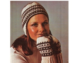 Crochet Pattern Vintage 70s Crochet Hat and Mittens Pattern Set- Crochet Helmet Hat Pattern-pdf file-Digital Pattern Vtg DIY