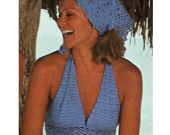 Crochet TOP Pattern Vintage 70s Crochet Halter Top Pattern plus Crochet Scarf Pattern Crochet Bikini Top Pattern Bikini Bra Pattern