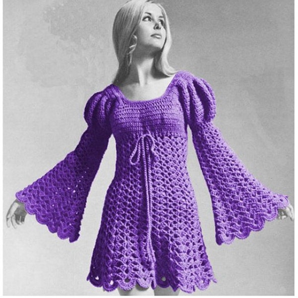 Crochet Dress Pattern Vintage 60s -Crochet Juliet Dress-Crochet Tunic-Boho Dress Pattern-Plus Size Dress Available-Bohemian Clothing-PDF