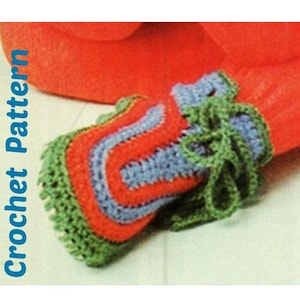 May include: Crocheted slipper booties in green, blue, and orange. The booties have a lace trim and a tie.