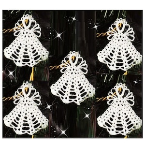 May include: Six white crocheted angel ornaments with a lacy design. The ornaments are hanging from a Christmas tree.