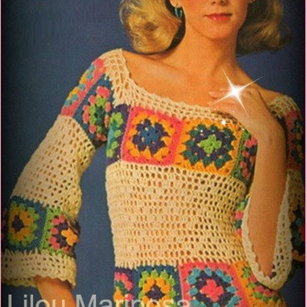 Crochet TOP Pattern Vintage 70s Granny Squares Hippie Top Granny Top Pattern Boho Blouse Pattern Bohemian Clothing