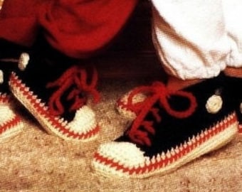 Patron 70s pdf de tejido pantunflas tipo converse crochet para dama, nino y caballero